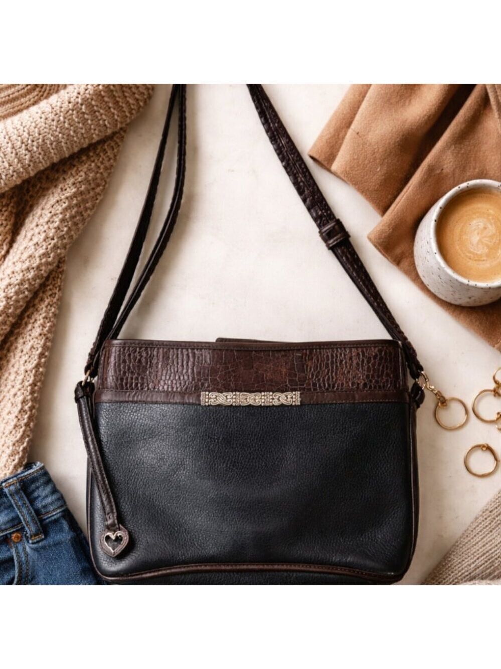 Brighton Leather Shoulder Bag | Braided Strap & Silver Heart | Vintage Classic